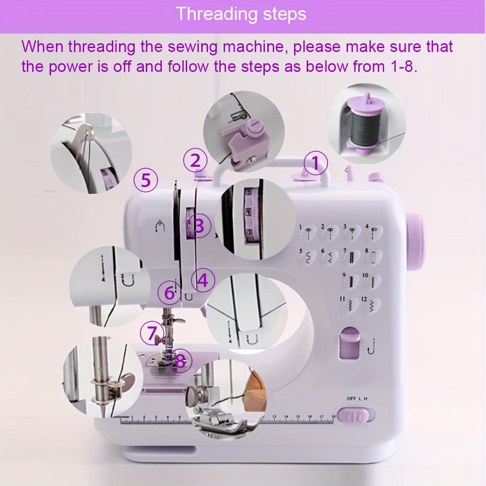 Portable Electric Sewing Machine with 12 Stitches Adjustable Speed Reverse Function for Beginners Purple