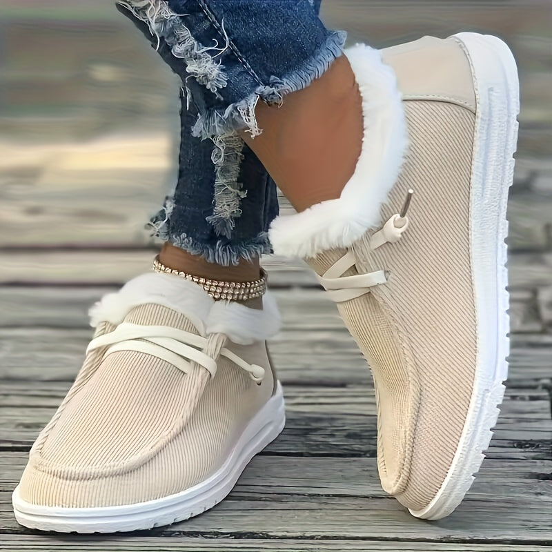 Women's Beige Plush-Lined Snow Boots Ankle Non-Slip Winter Boots