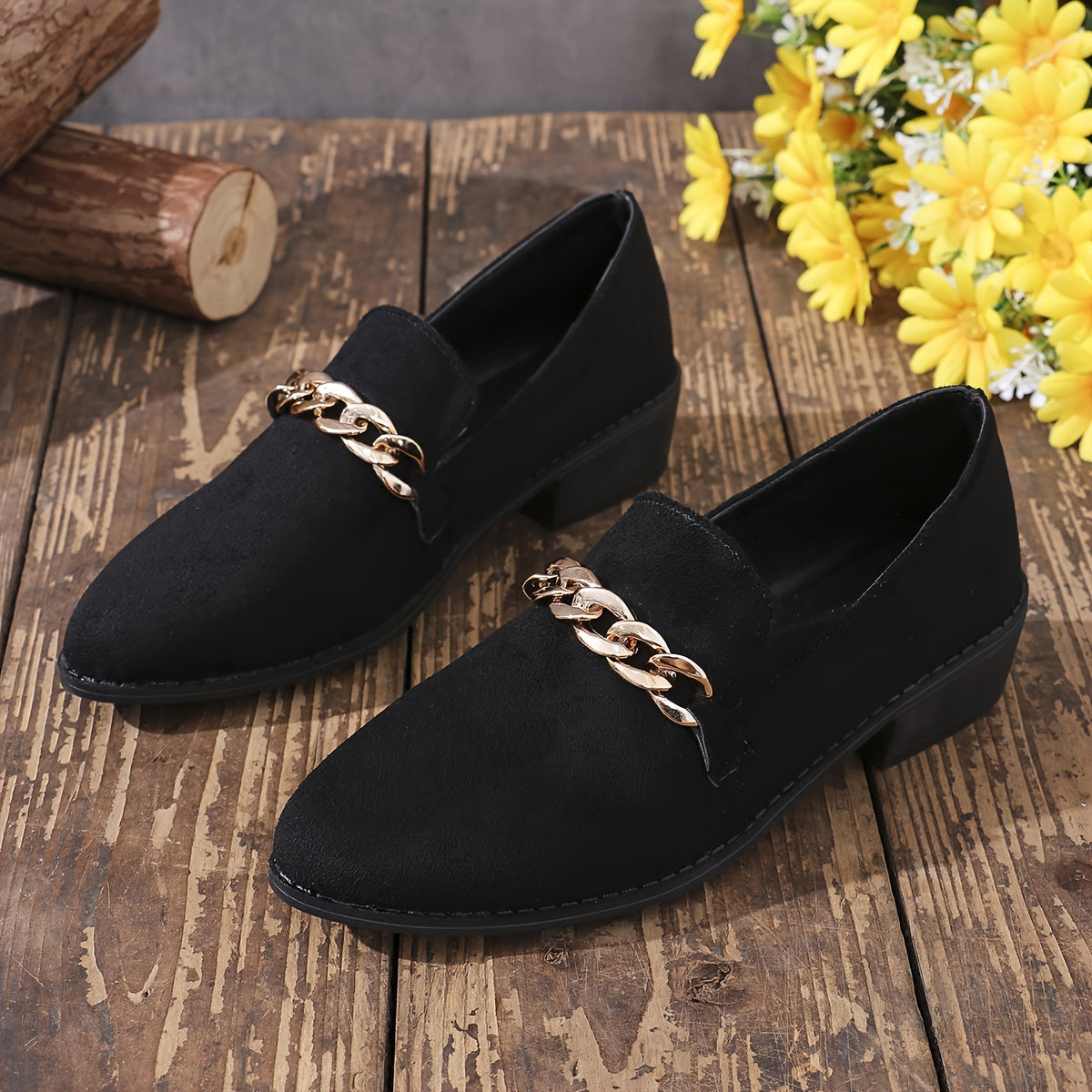 Women's Pointed Toe Flats with Gold Chain, Black Synthetic, Casual Shoes