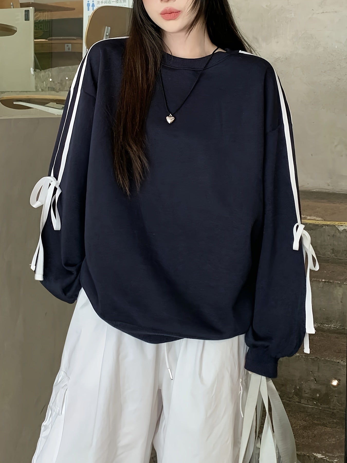 Women's Black Crew Neck Sweatshirt with White Bow Detail Polyester Casual All Seasons