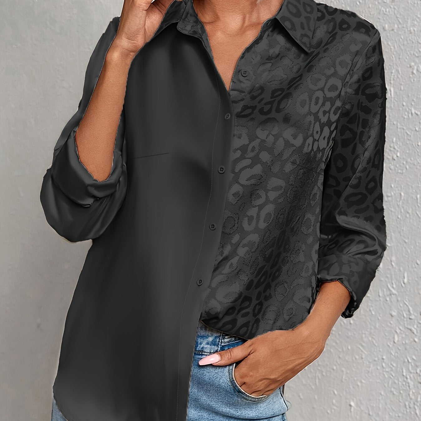 Women's Satin Leopard Print Button-Up Shirt Long Sleeve Casual Wear