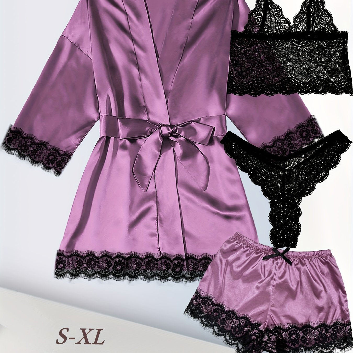Women's Plus Size Satin Lace Nightgown Set With Camisole Shorts And Eye Mask