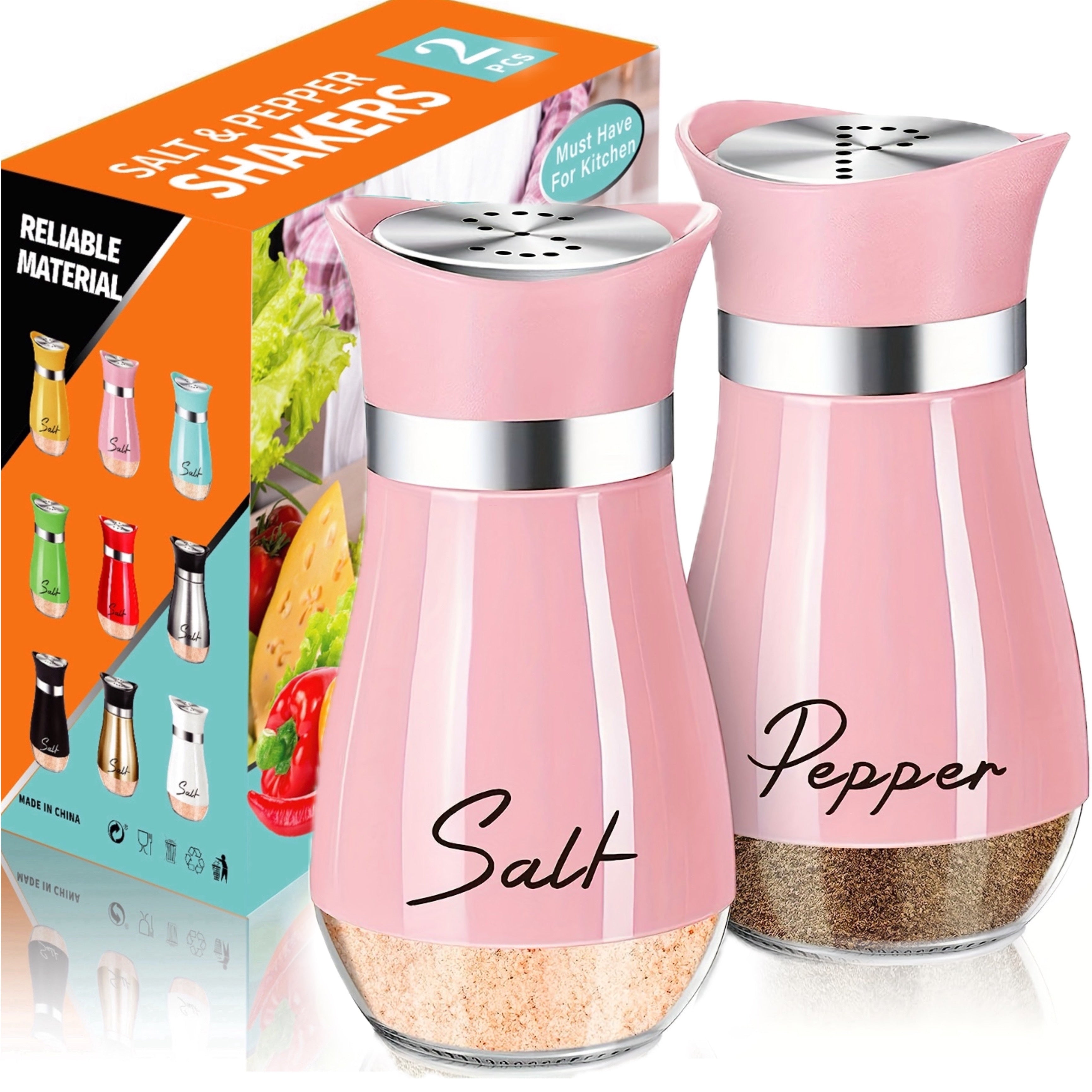 4 oz Pink Glass Salt and Pepper Shaker Set Refillable Stainless Steel Lid