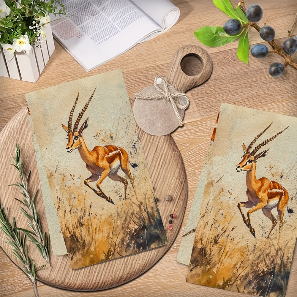 2 ta Ultra-Plush Oshxona Sochiqlari To'plami - Elegant Gazelle Grasslands Print, Super Qabul Qiluvchi va Oson Tozalanuvchi Qo'l Sochiqlari, Zamonaviy Qirg'oq Uslubi, 40.64x60.96 sm, Idish Sochiqlari