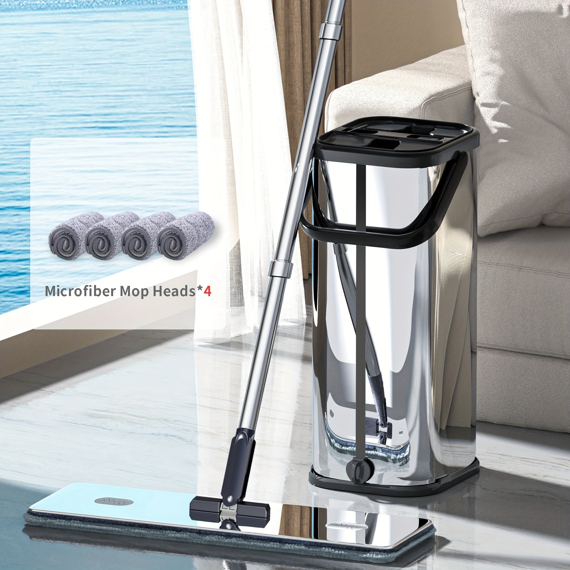 Stainless Steel Flat Mop and Bucket Set for Kitchen Bathroom Living Room