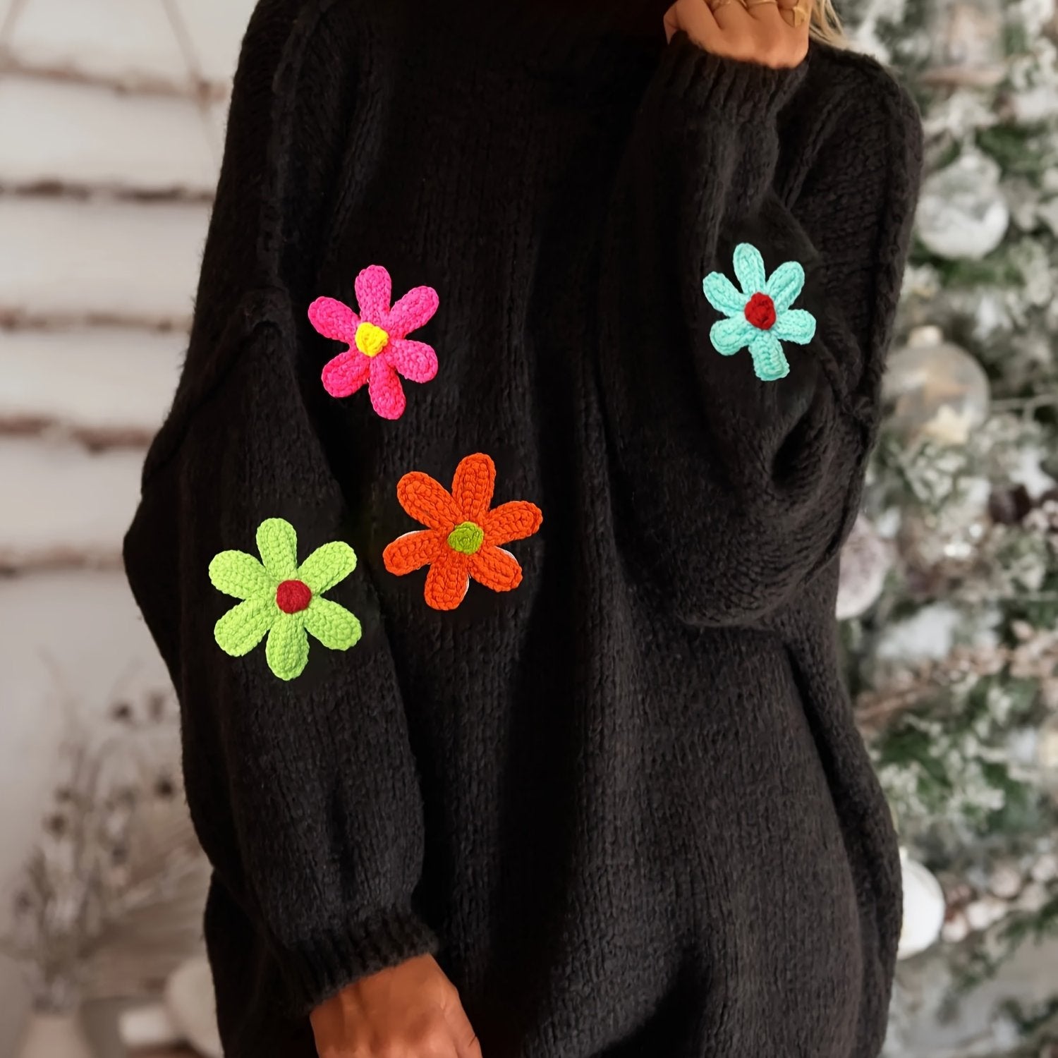 Plus Size Floral Applique Knit Sweater Casual Long Sleeve High Neck Top