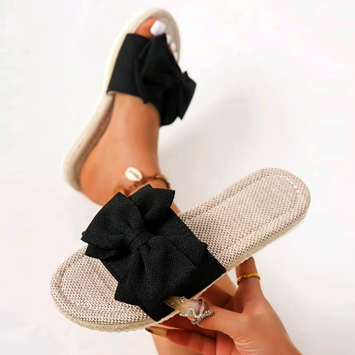 Women's Summer Sandals Flat Slides with Cushioned Insoles and Bow Design