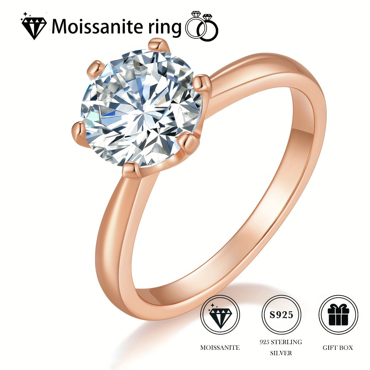 Anillo de compromiso de moissanita de plata de ley 1ct 2ct 3ct 5ct joyería de boda