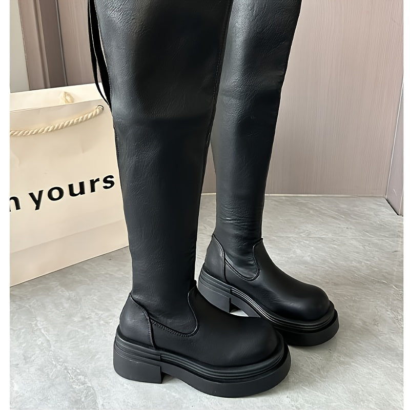 Women's Over-the-Knee Boots Faux Leather Glossy Chunky Heel Black Brown Elegant Winter