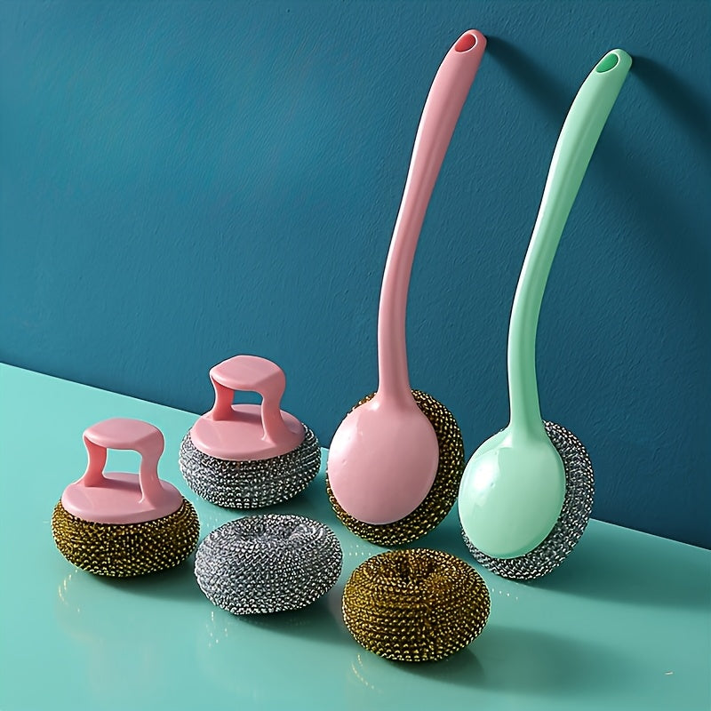 6-Piece Stainless Steel Brush Set with Long and Short Handles for Kitchen Bathroom Cleaning