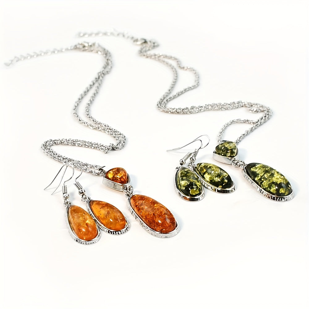 Vintage Amber Teardrop Pendant Necklace and Earrings Set for Women with Natural Stone and Geometric Chain