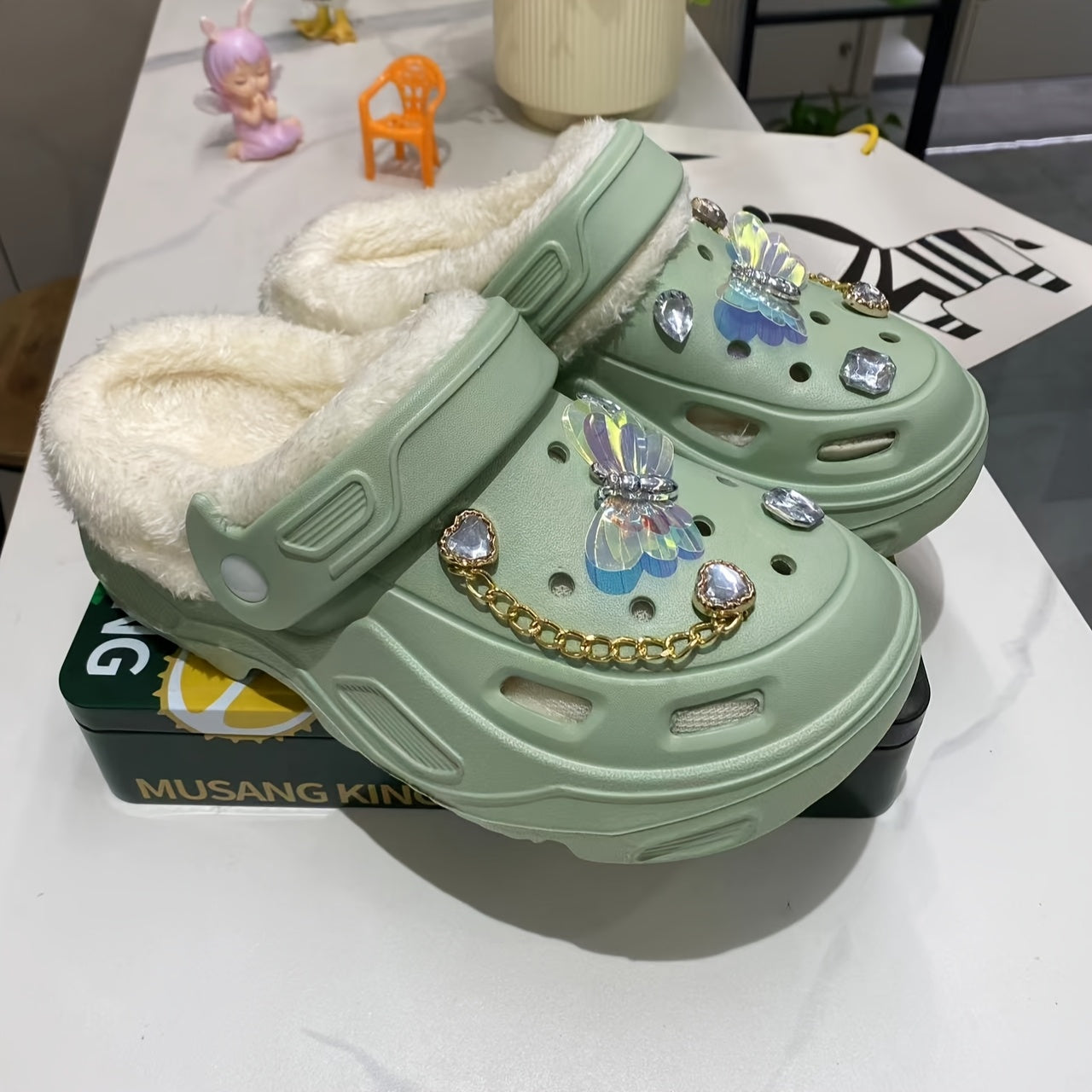 Women's Warm Plush Lined Shoes with Butterfly Heels and Bear Accessories