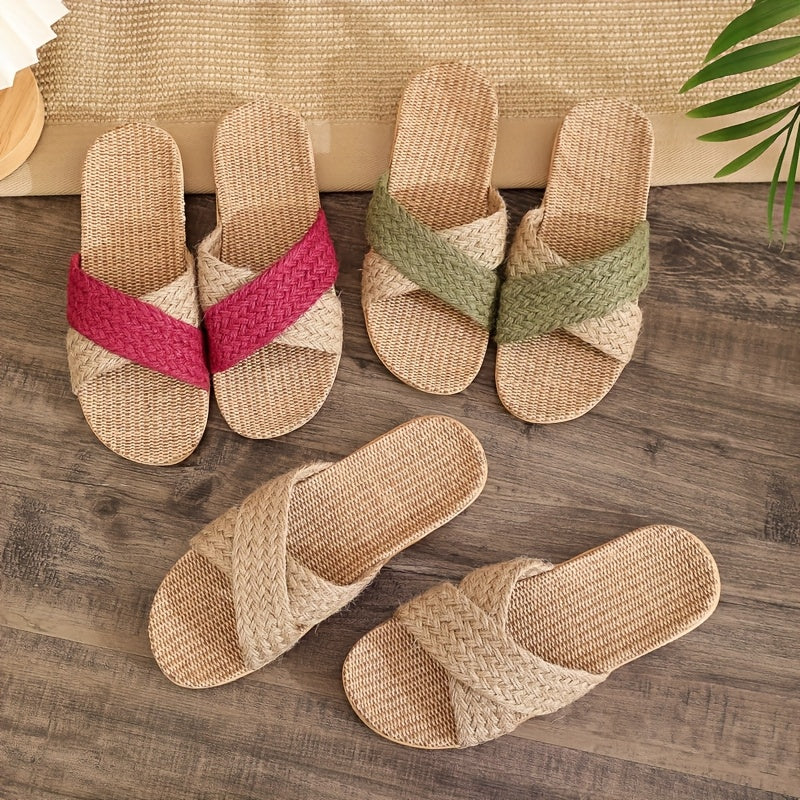 Women's Linen Slip-On House Slippers Non-Slip Indoor Outdoor Shoes Beige Brown Red