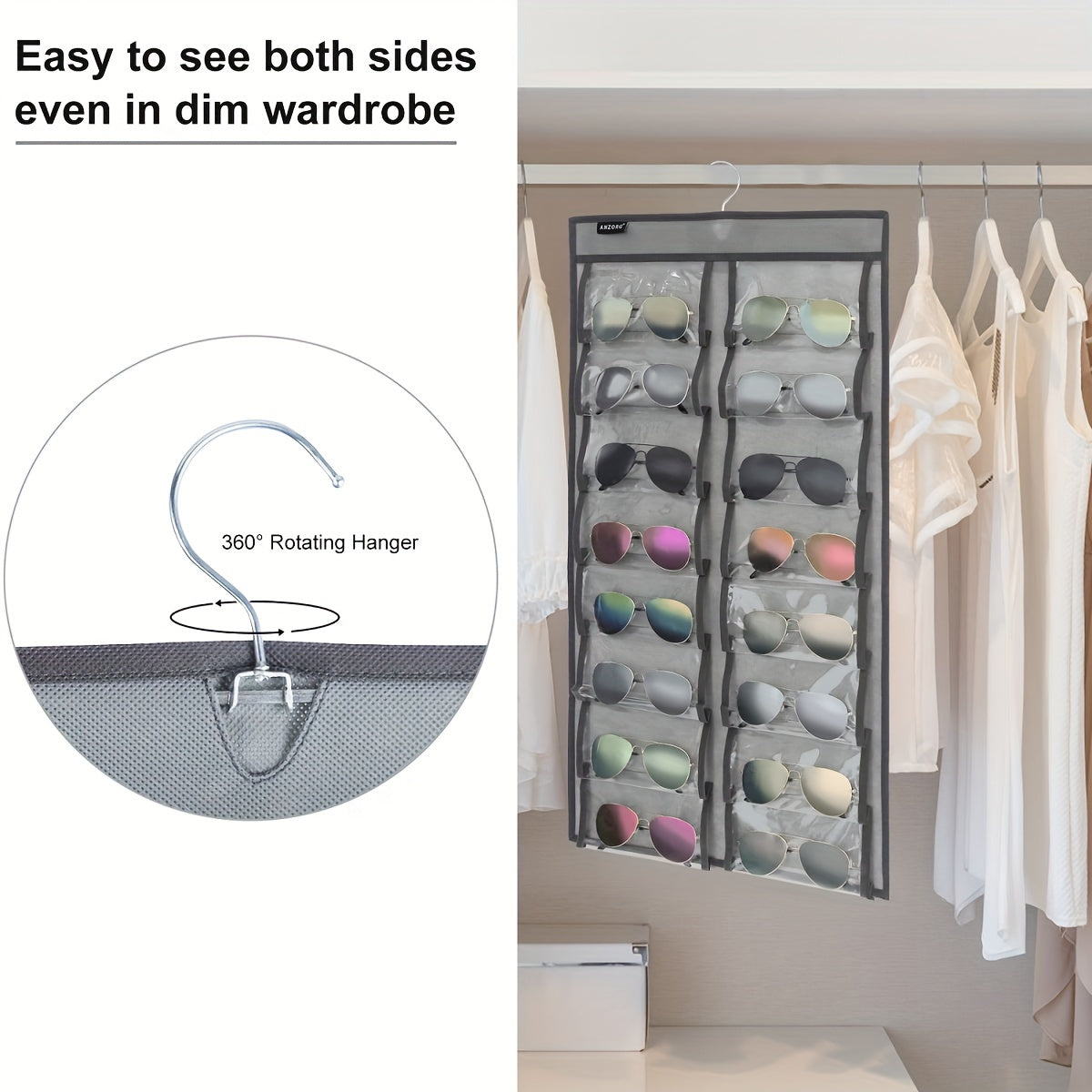 Dual Sided Hanging Sunglasses Organizer with 32 Dustproof Pockets for Home Storage