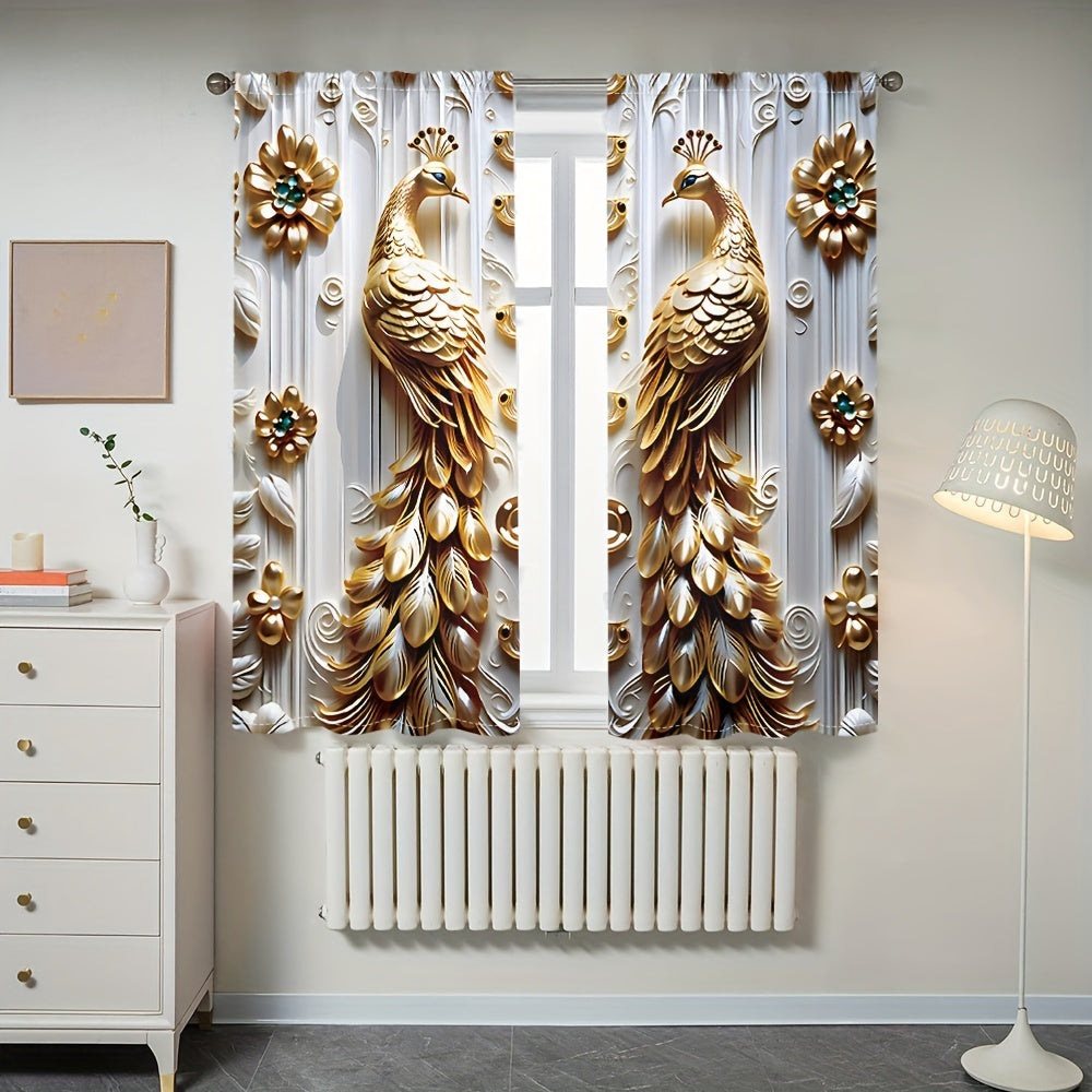 Golden Peacock Floral Print Semi-Sheer Polyester Curtains Rod Pocket for Living Room Bedroom Kitchen