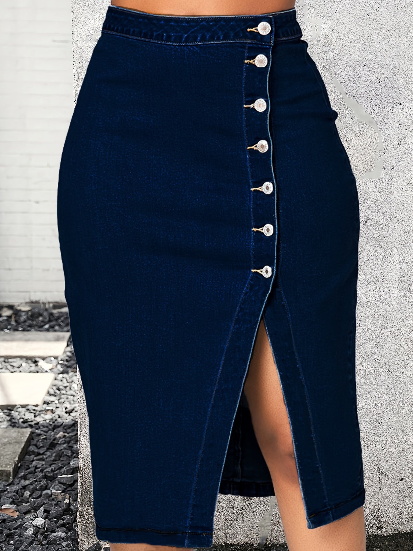 Women's Plus Size Asymmetric Denim Midi Skirt Dark Wash Blue Slim Fit Split Hem