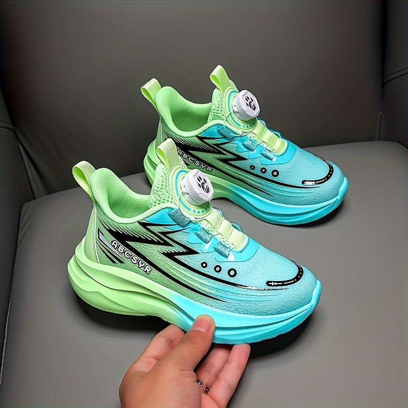 Kids' Navy Blue Mesh Sneakers with Stripes and Rotating Buckle for Boys and Girls