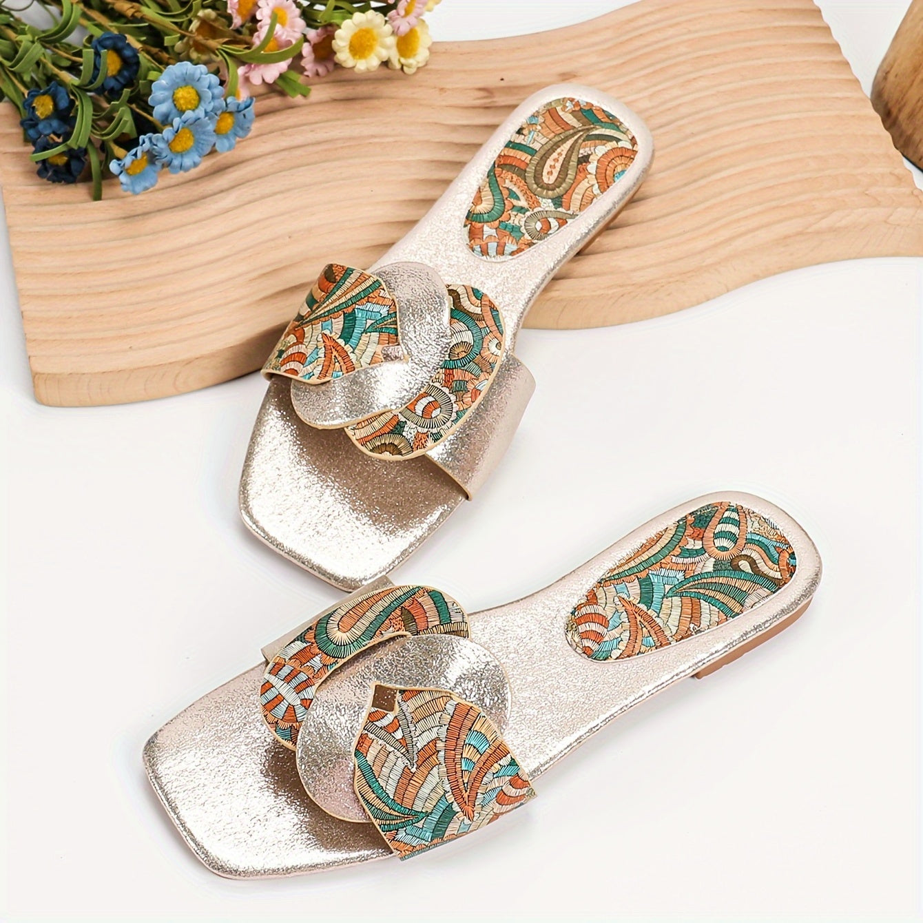 Women's Ethnic Flat Sandals TPR Sole Faux Leather Upper Summer Slip-On Square Toe
