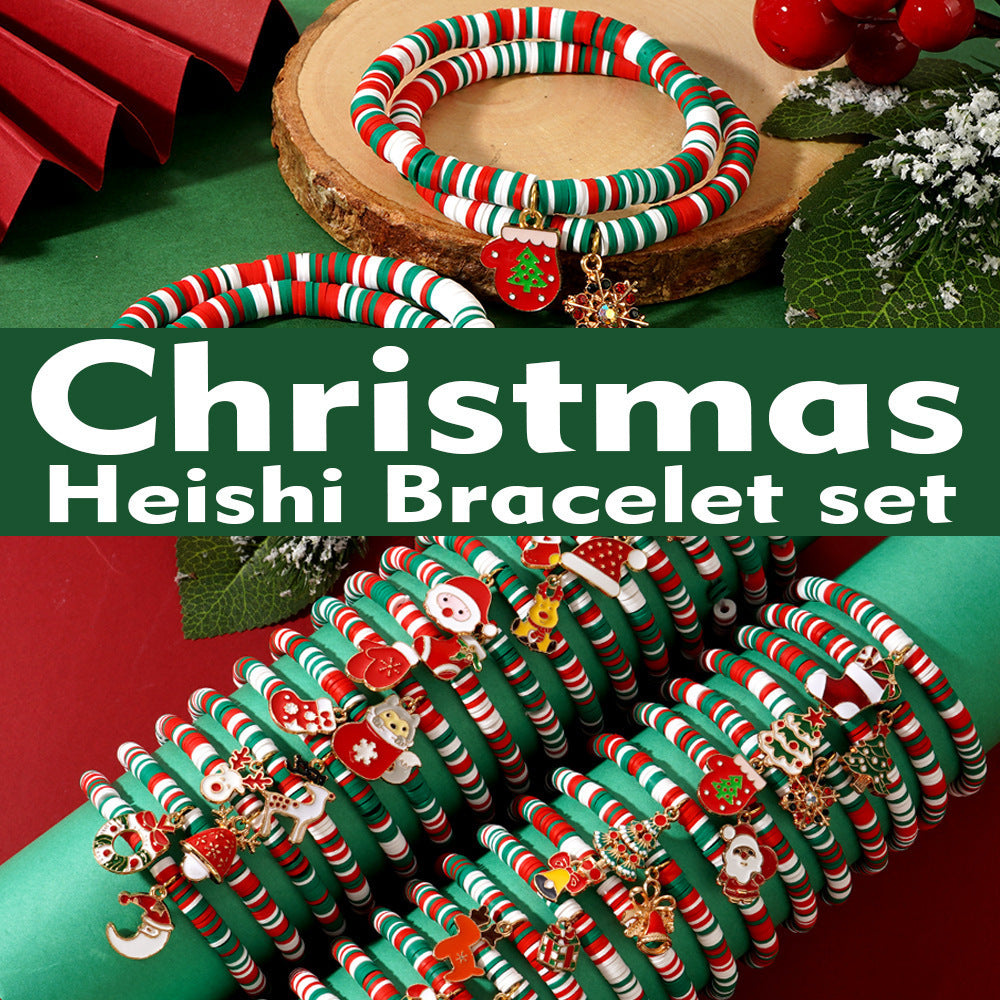 Set of 10 Bohemian Style Christmas Heishi Bracelets Adjustable Elastic with Ceramic Beads and Charms