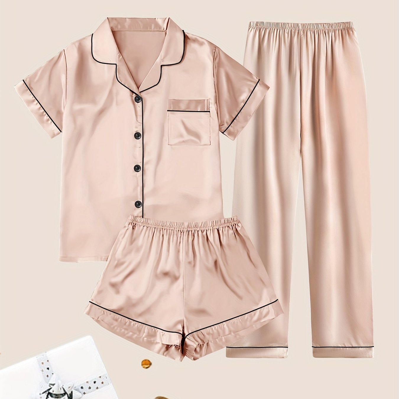 Women's Satin Pajama Set Short Sleeve Button Top Shorts or Pants Casual Sleepwear