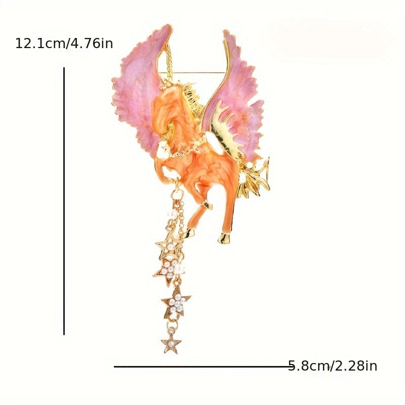 Vintage Enamel Pegasus Brooch Pin with Celestial Stars and Pearls for Women