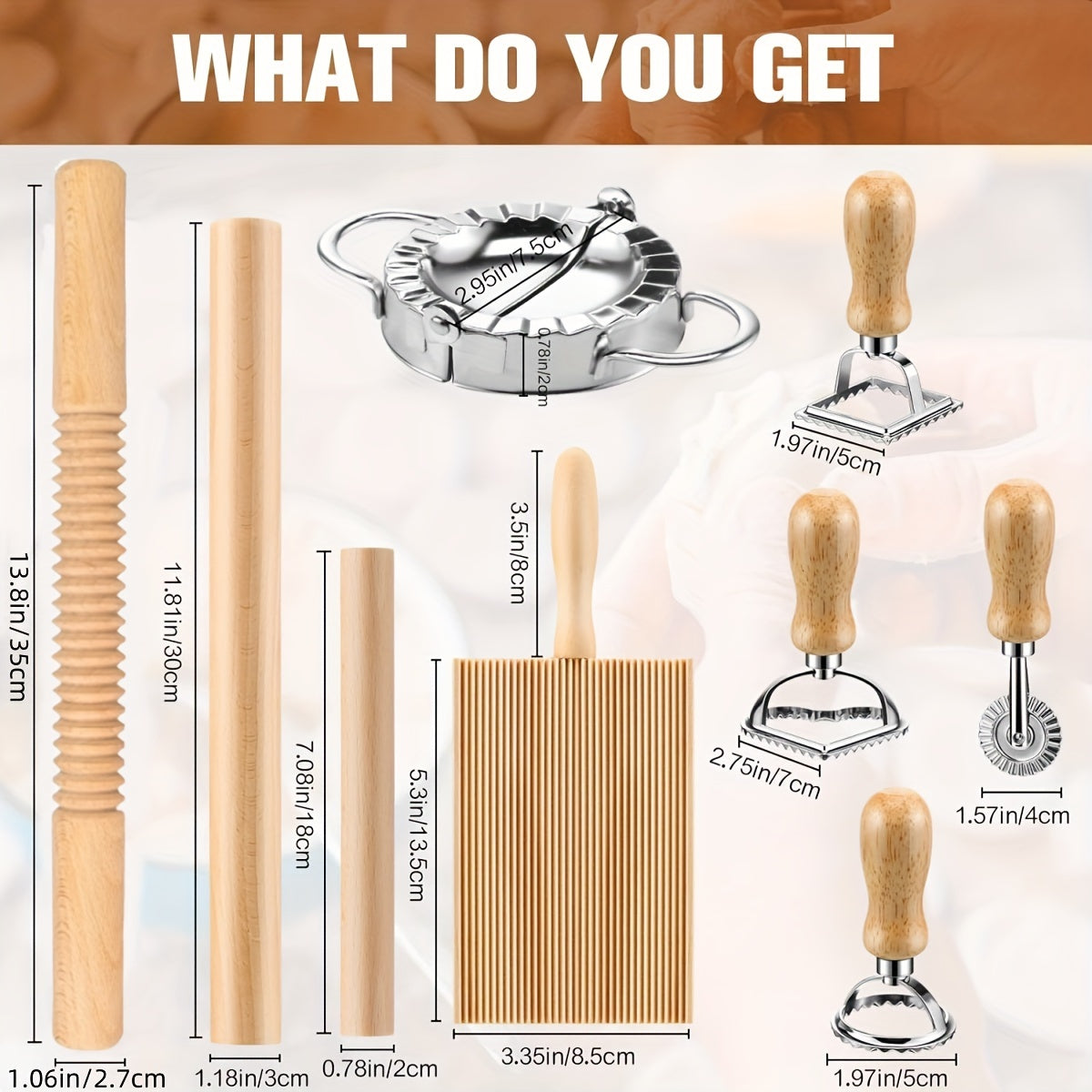 Set of 9 Pasta Making Tools Including Gnocchi Board Noodle Cutter and Ravioli Stamp