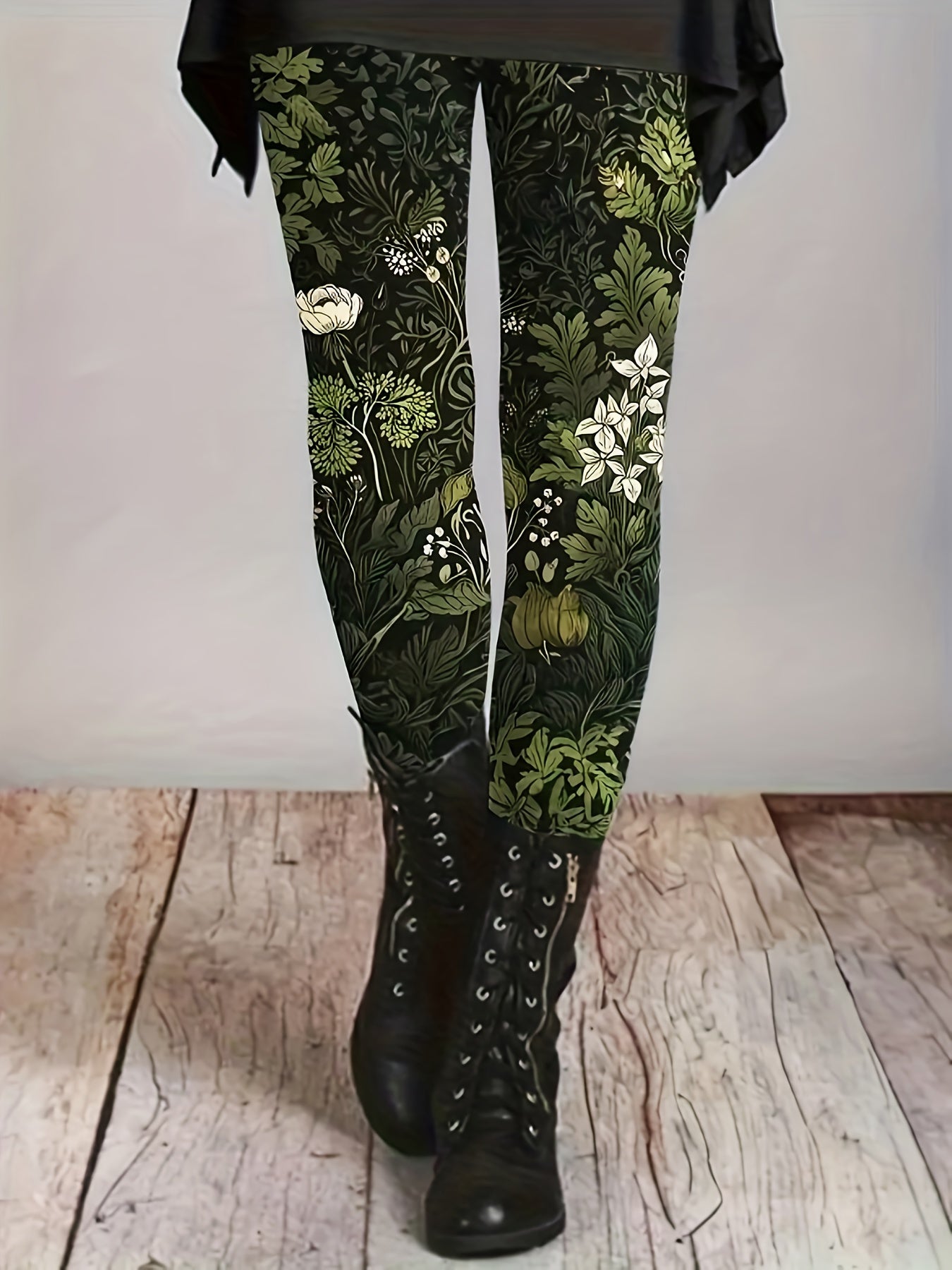 Plus Size Floral Print Skinny Leggings High Waist Casual Stretchy Women