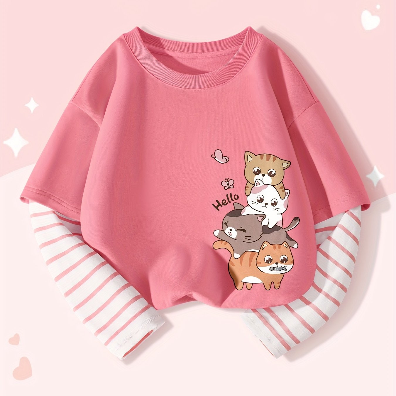 Girls Cotton Long-Sleeve T-Shirt with Cat Print and Striped Cuffs