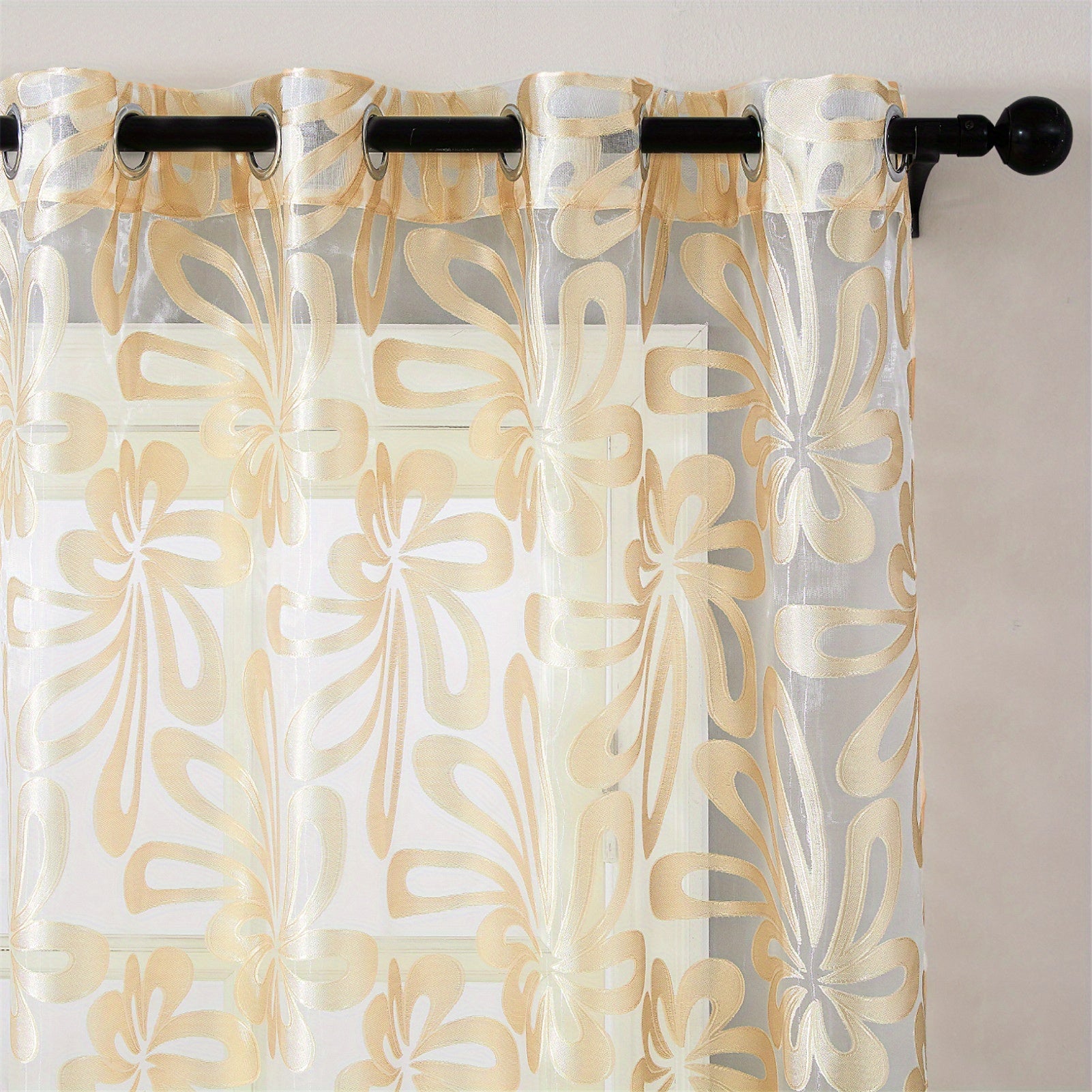 Geometric Sheer Curtain Panel Brown White Floral Jacquard Lightweight Polyester