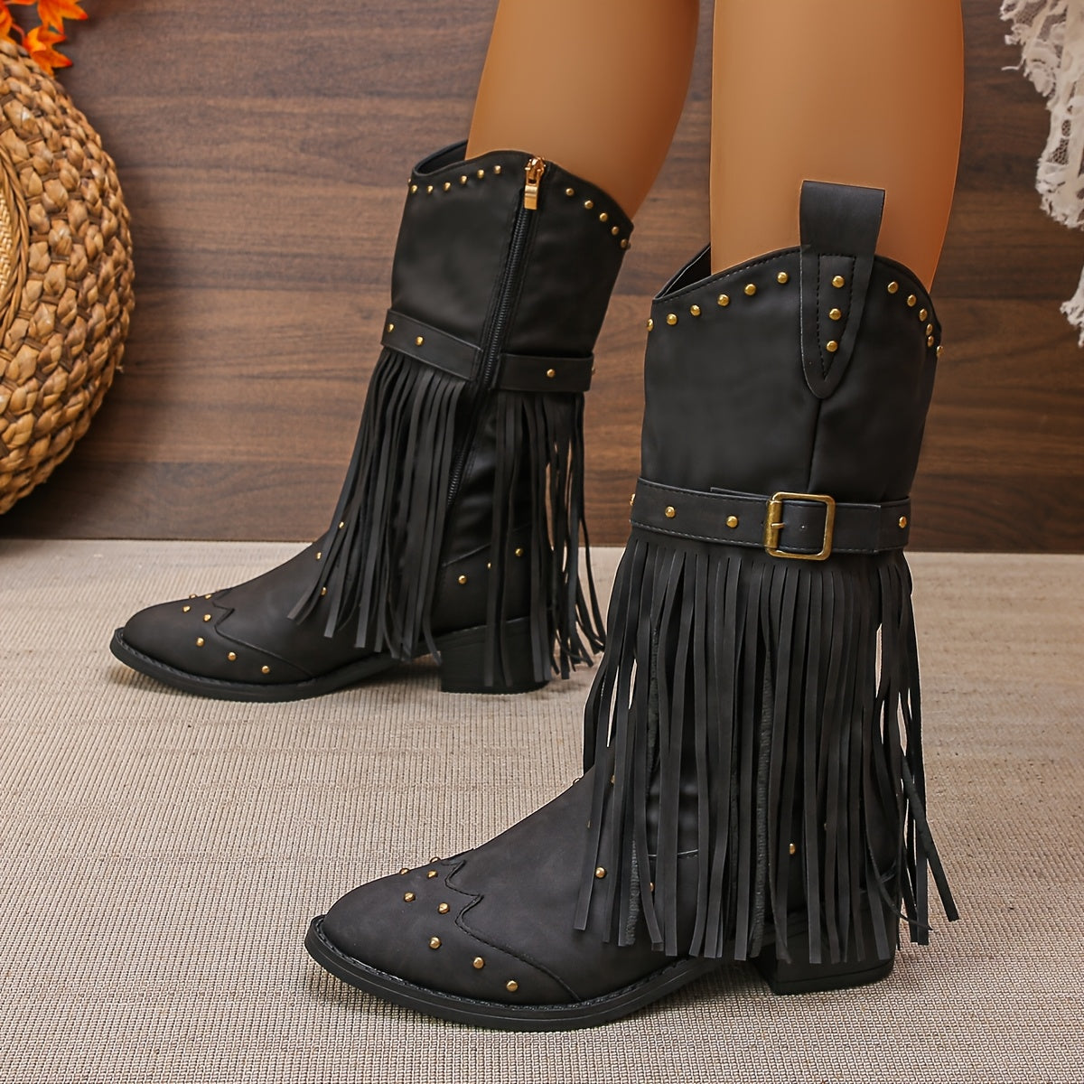 Women's Fashion Boots with PU Cover Chunky Heel Round Toe Treaded Decorations