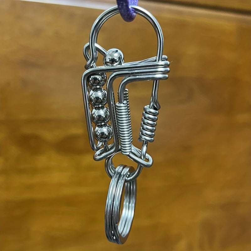 Men's Stainless Steel Keychain with Engraved Bead and Mechanical Buckle