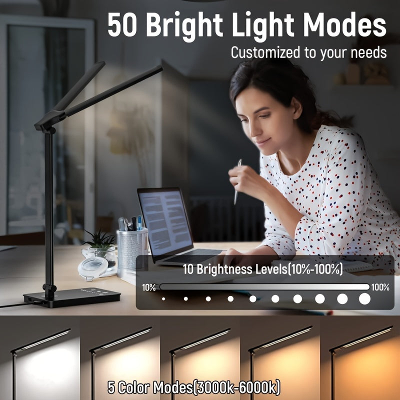 Adjustable Dual Swing Arm LED Desk Lamp with Touch Control Eye-Caring Bright Light USB Powered Black