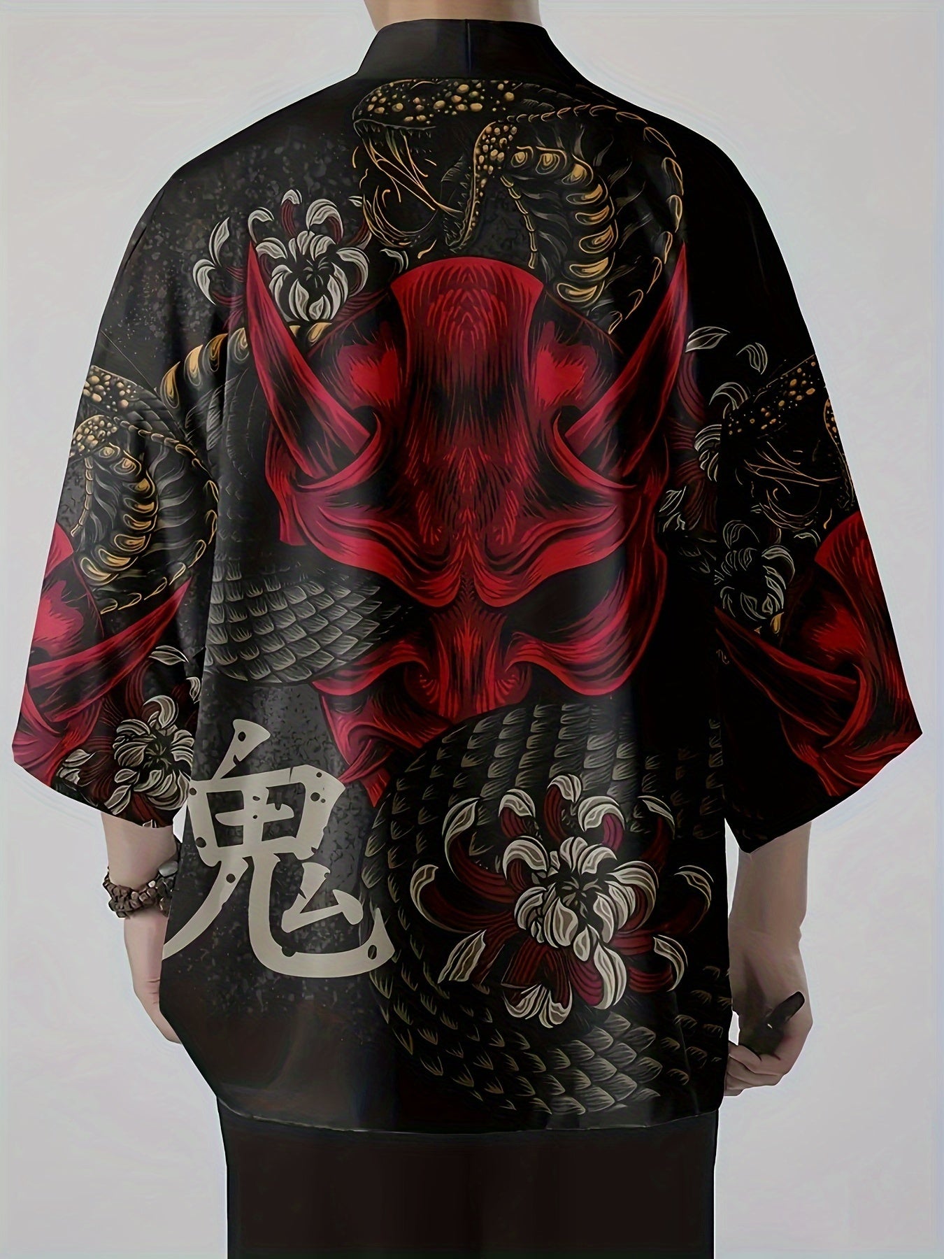 Men's Japanese Kimono Shirt Summer Streetwear Ghost Snake Pattern Three-Quarter Sleeves Open Placket