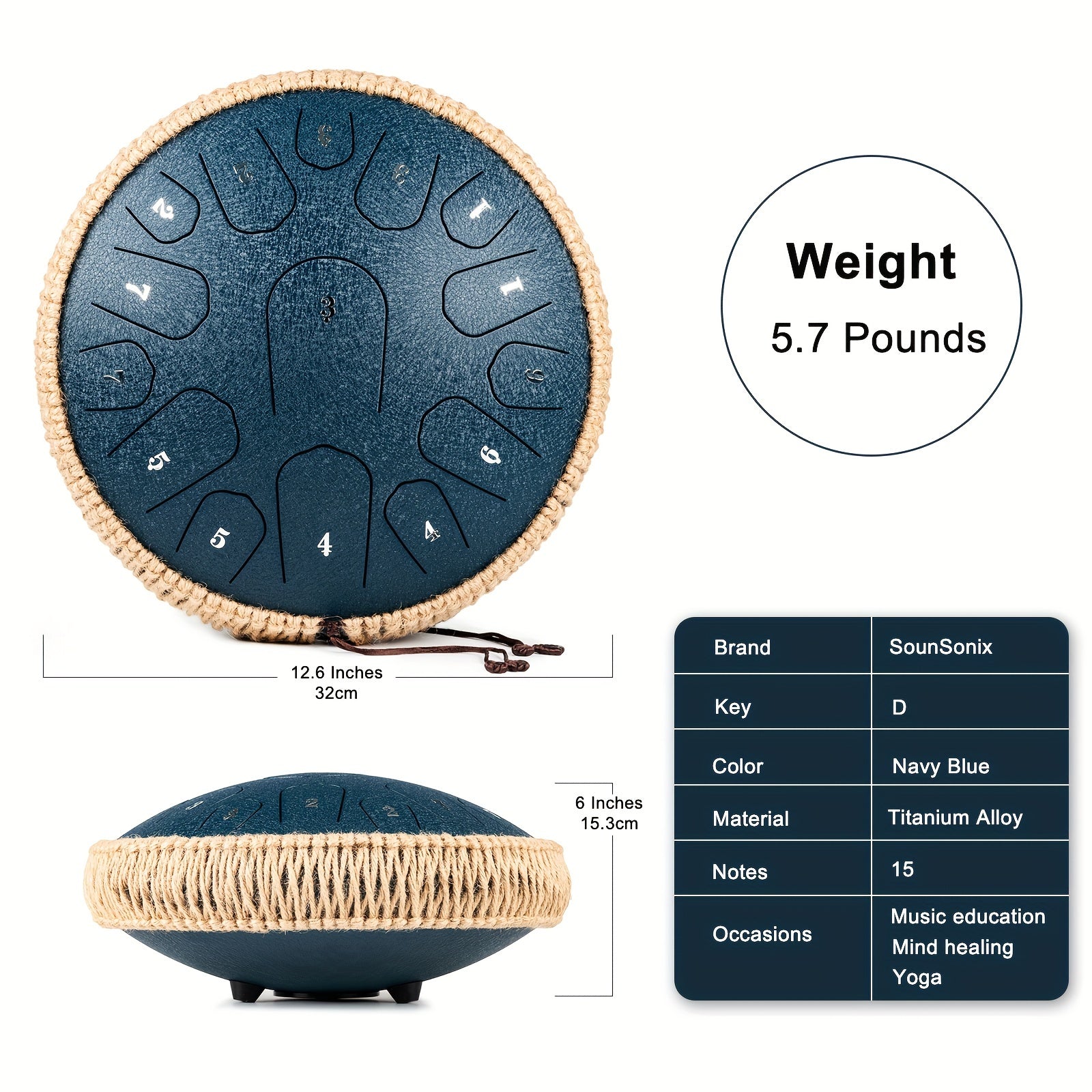 Steel Tongue Drum 33cm 15 Notes D Major Hand Pan with Mallets and Carry Bag