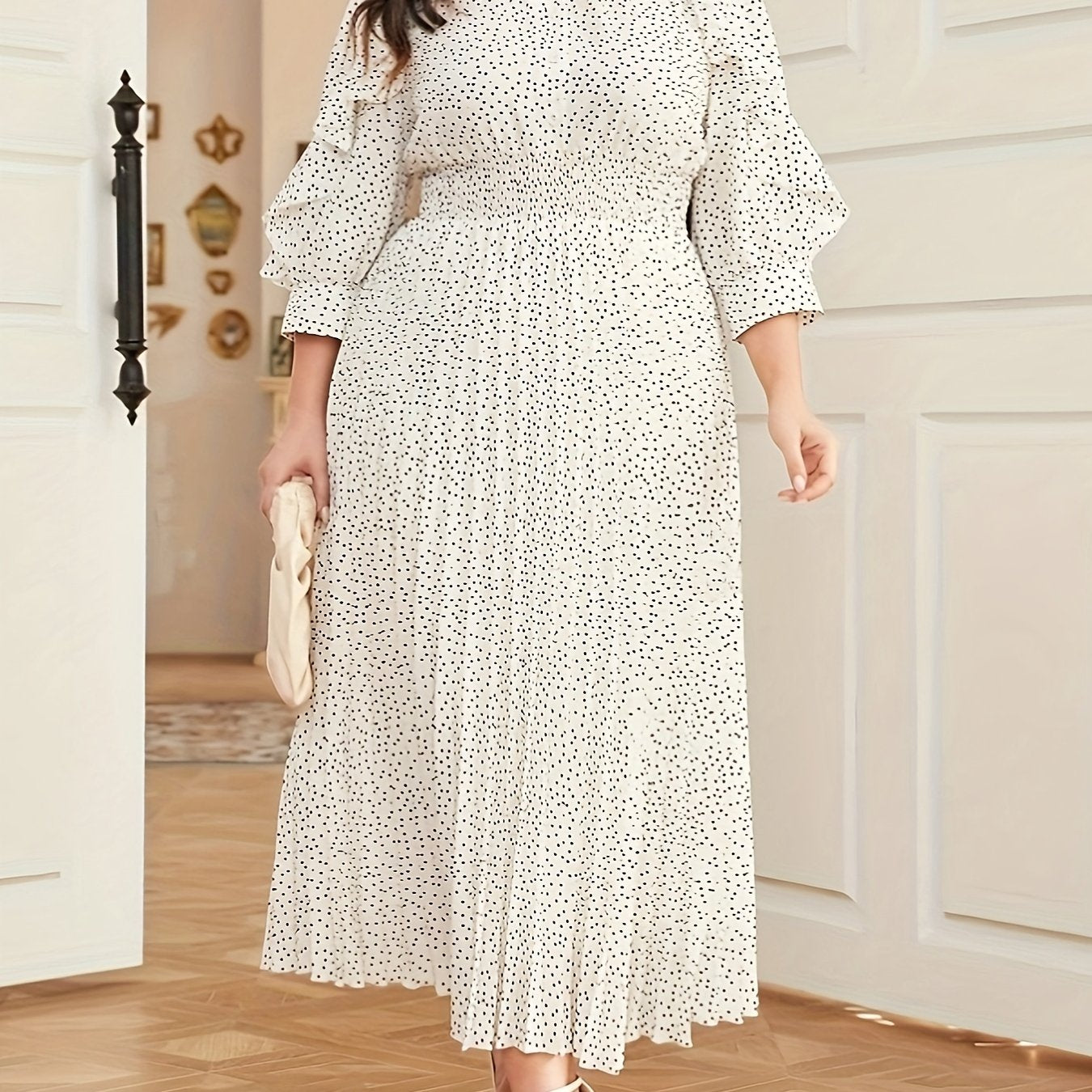 Платье большого размера в горошек из полиэстера, облегающее, с воротником-стойкой, для весны и осени