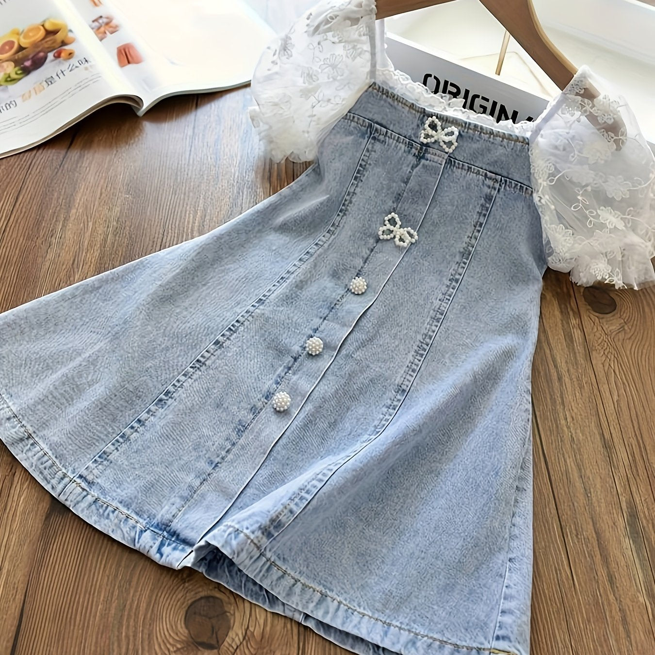 Kids' A-Line Denim Dress with Pearl Bubble Lace Sleeves Butterfly Details and Bow Accent for Summer Ages 12 and Under