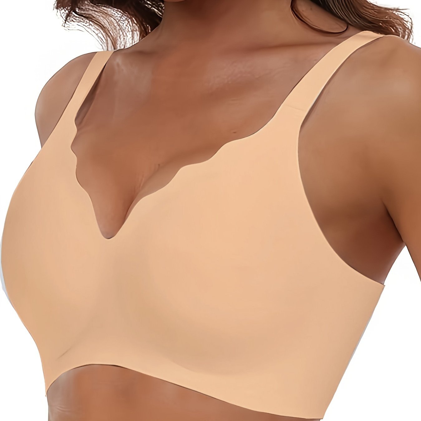 Wireless Seamless Push-Up Bra with Deep V-Neck and Scalloped Design for Comfort