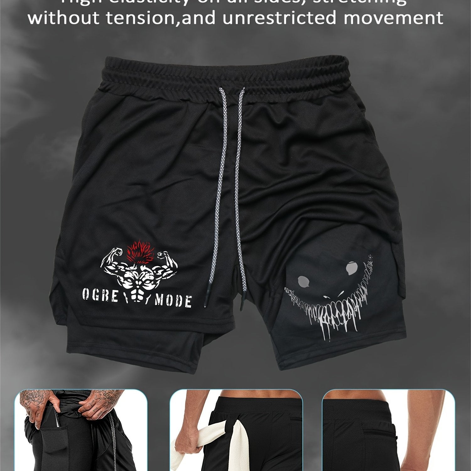 Men's Summer Print Dual-Layer Shorts Breathable Quick-Dry Pockets Casual Sports