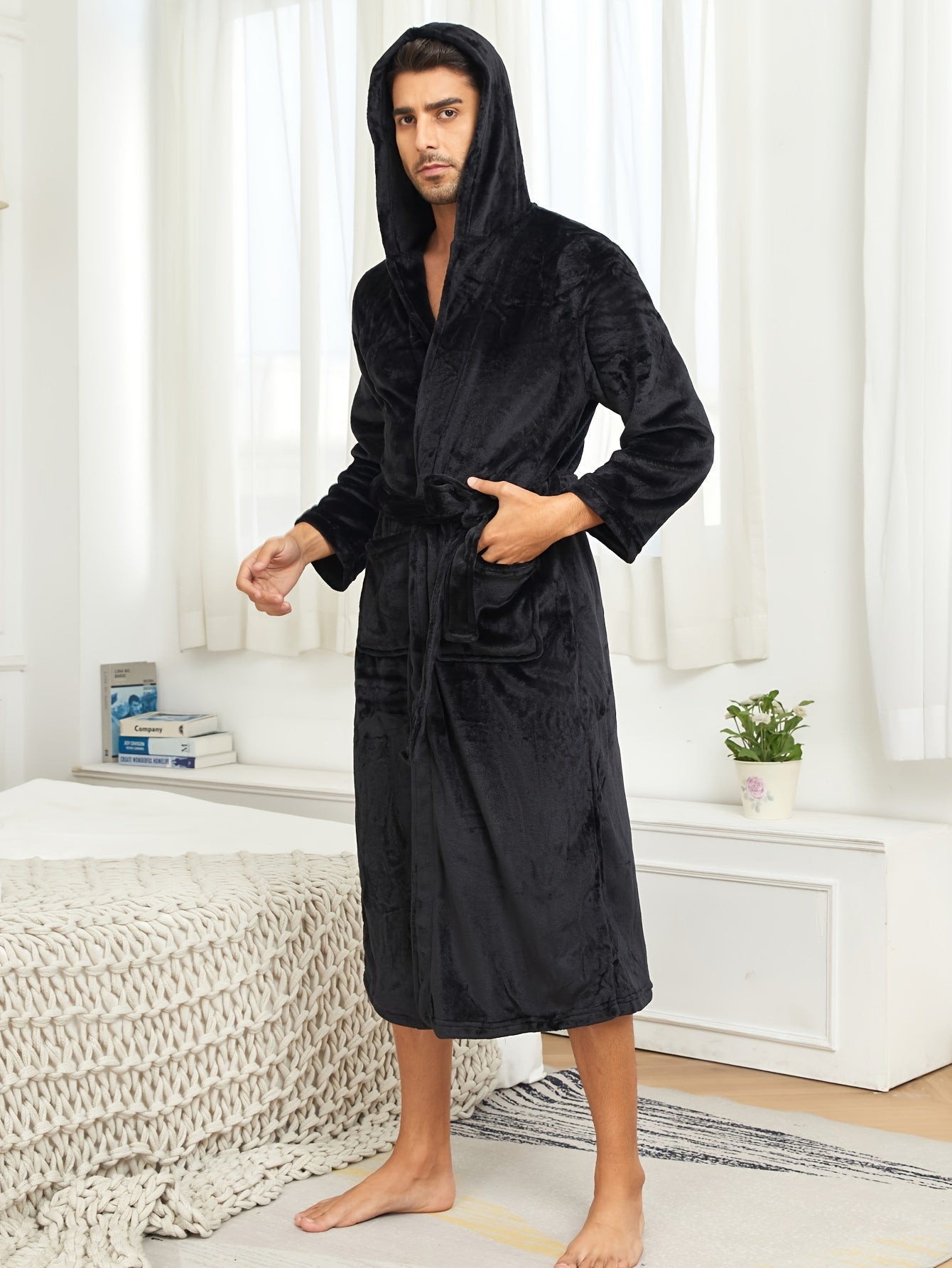 Men's Green Plush Fleece Hooded Bathrobe with Pockets and Tie Belt for Fall Winter
