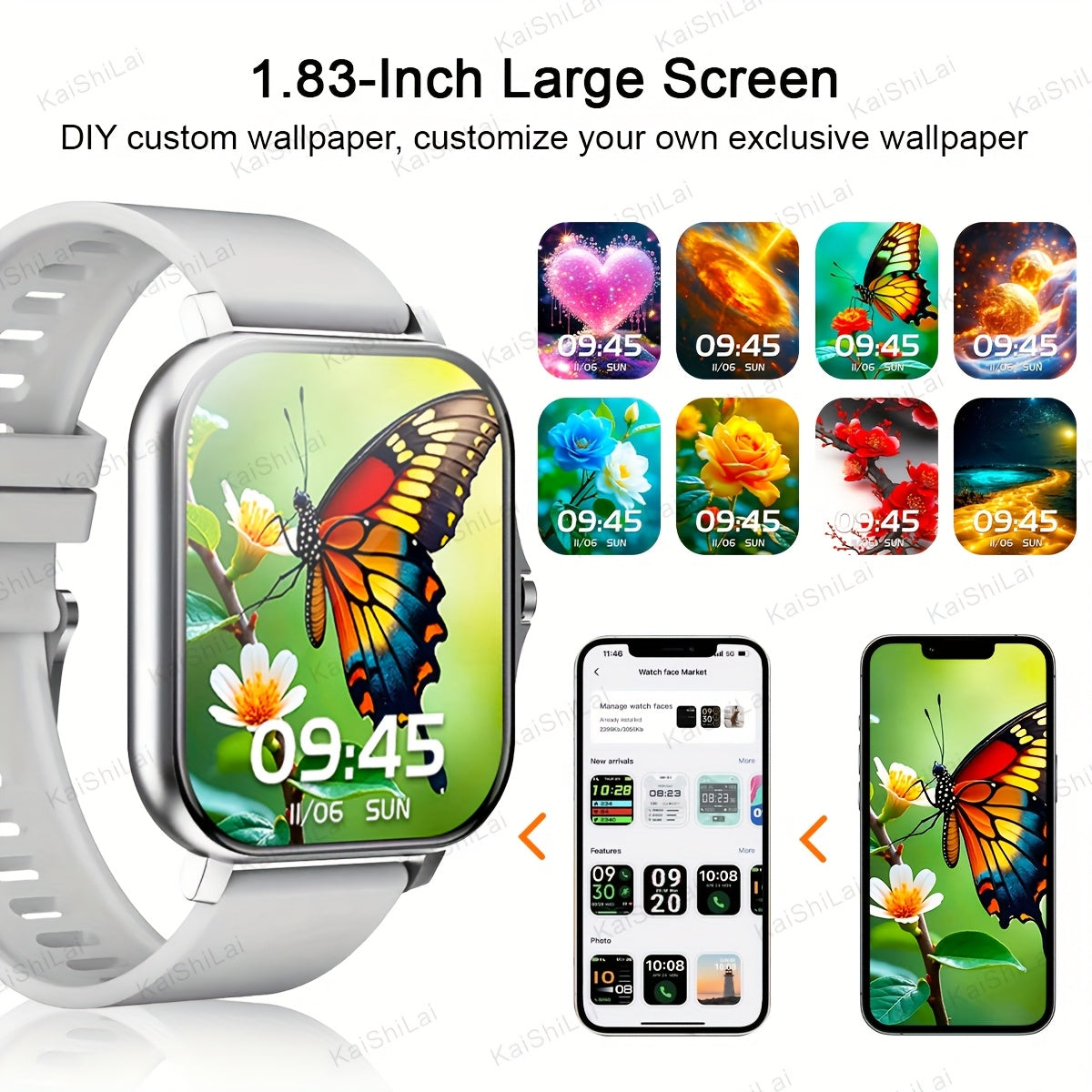 Мужчины и женщины 1,83-дюймовый HD полноэкранный сенсорный умные часы с вызовами и отслеживанием фитнеса