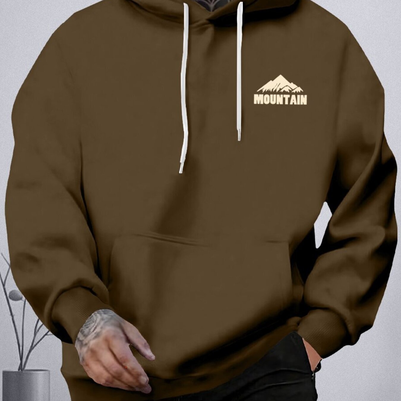 Sudadera de poliéster con forro de vellón con estampado de montaña para hombre de tallas grandes