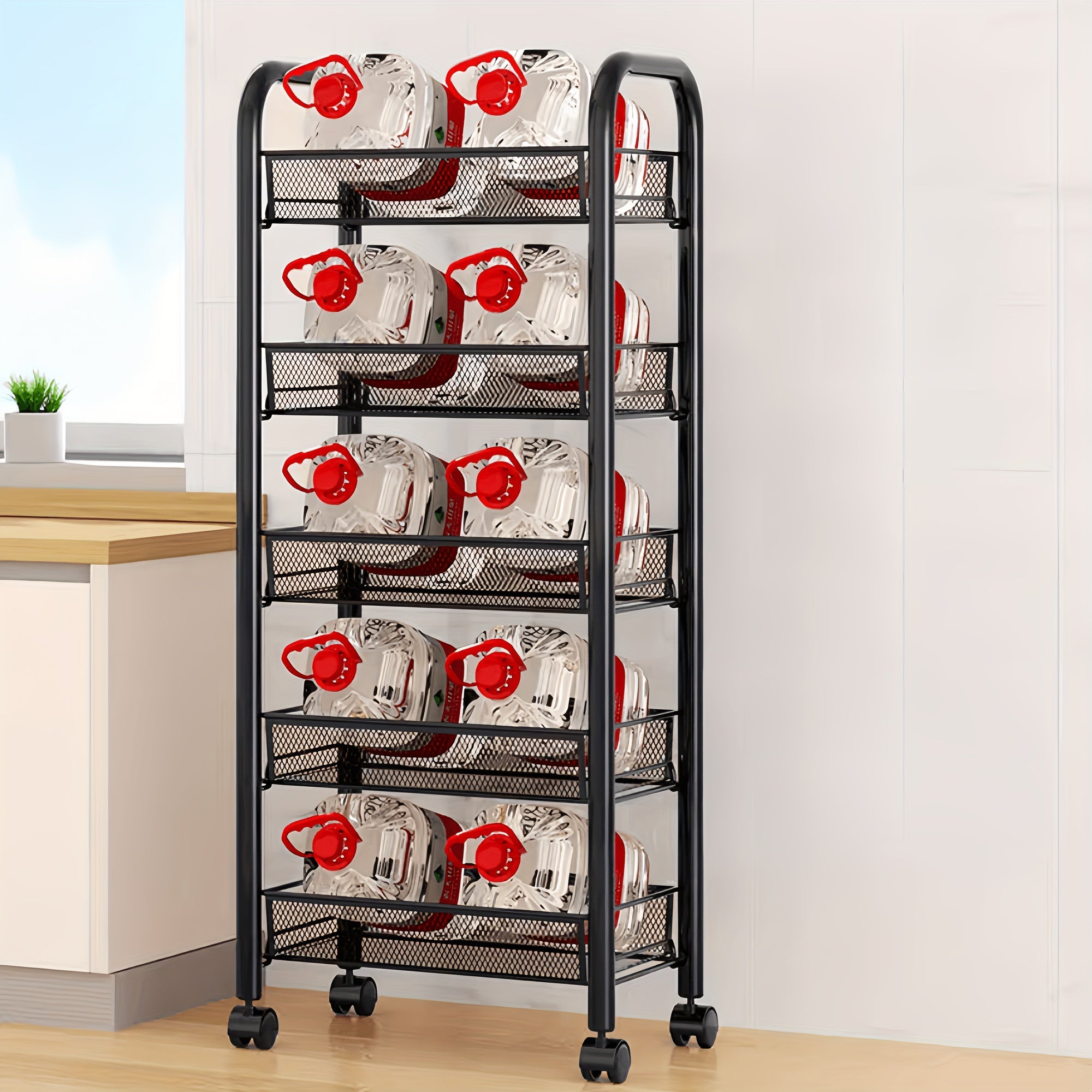 Black Mesh Rolling Wire Cart with Lockable Wheels and Metal Baskets for Kitchen Office Storage