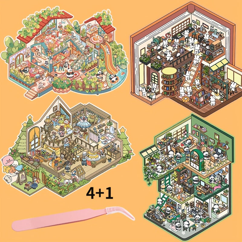 4-Pack Large 3D Paper Scenery Stickers with Stackable Villa Design for DIY Decor