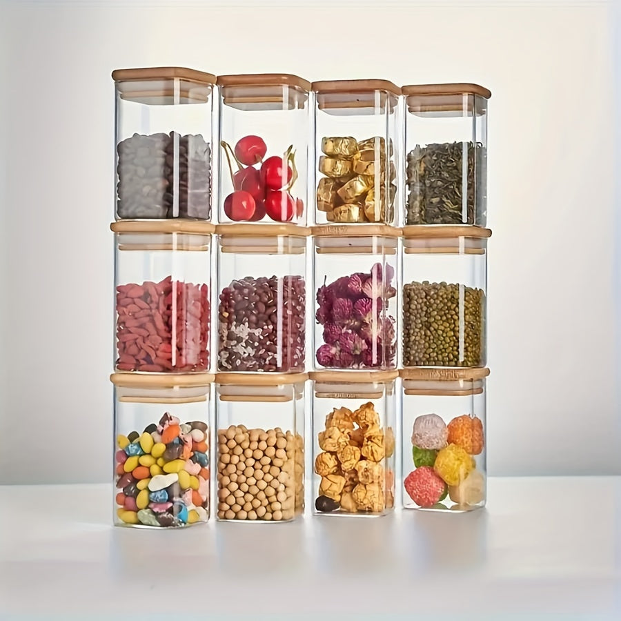 12 Pack Square Glass Spice Jars with Bamboo Lids Airtight Reusable Kitchen Storage
