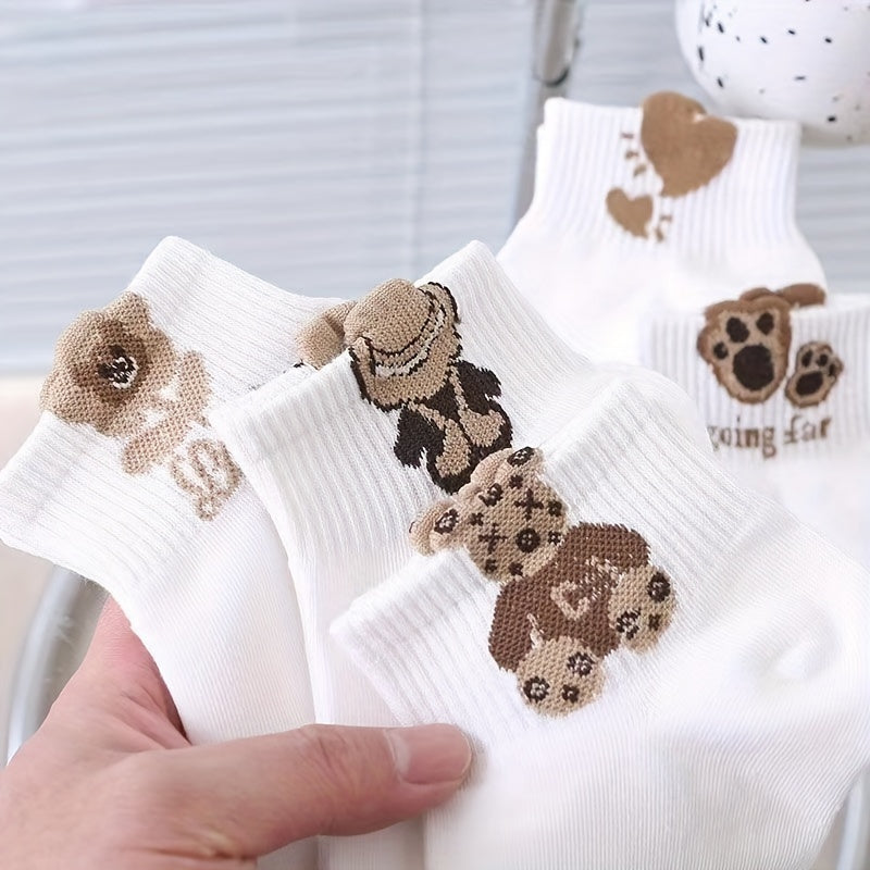Women's Breathable 3D Cartoon Bear Socks 5 Pairs Short Knit Socks