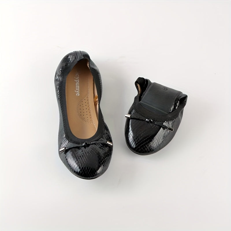 Women's Black Slip-On Ballet Flats with Bow, Round Toe, Ankle Strap