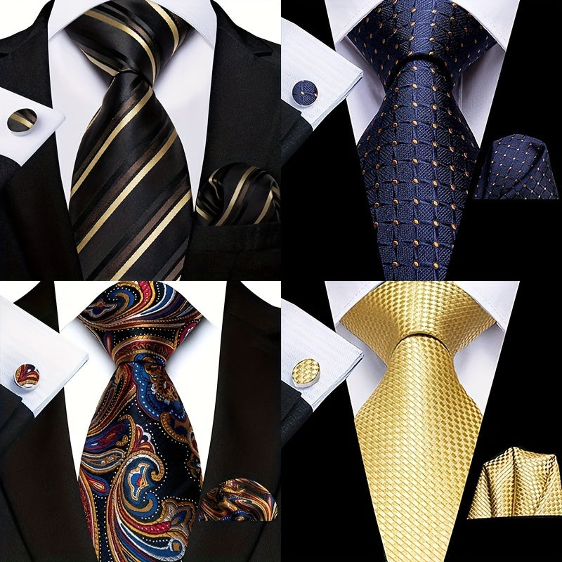 Men's Striped Necktie Set with Cufflinks and Pocket Square for Business and Parties