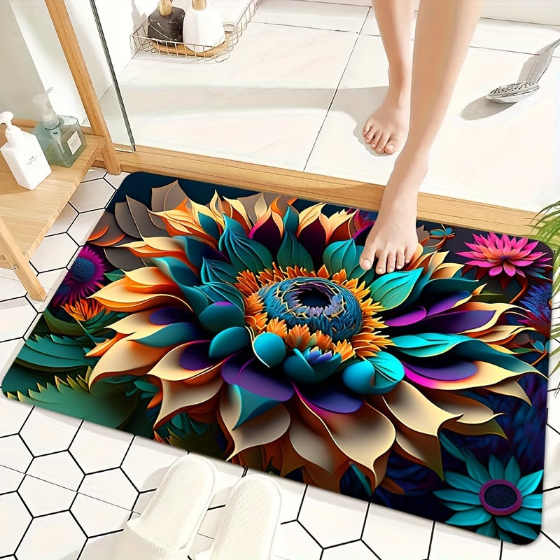 Colorful Lotus Flower Bath Mat Polyester Rug with Floral Design for Bathroom Decor