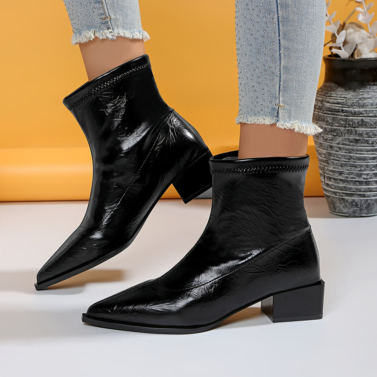 Women's Black Pointed Toe High Heel Boots Stylish Elegant