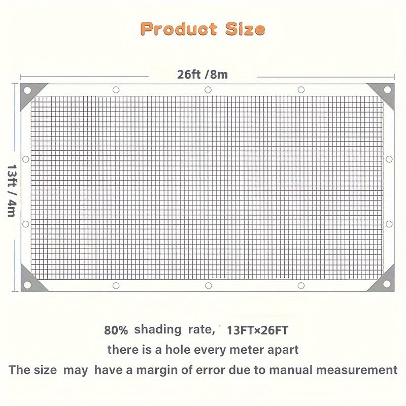 Katta qora quyoshdan himoya qiluvchi to'r, 5.03x10.06m va 3.96x7.92m o'lchamlarida mavjud bo'lib, issiqxona, patio, o'simliklar, gazebo va balkonlar uchun mo'ljallangan.